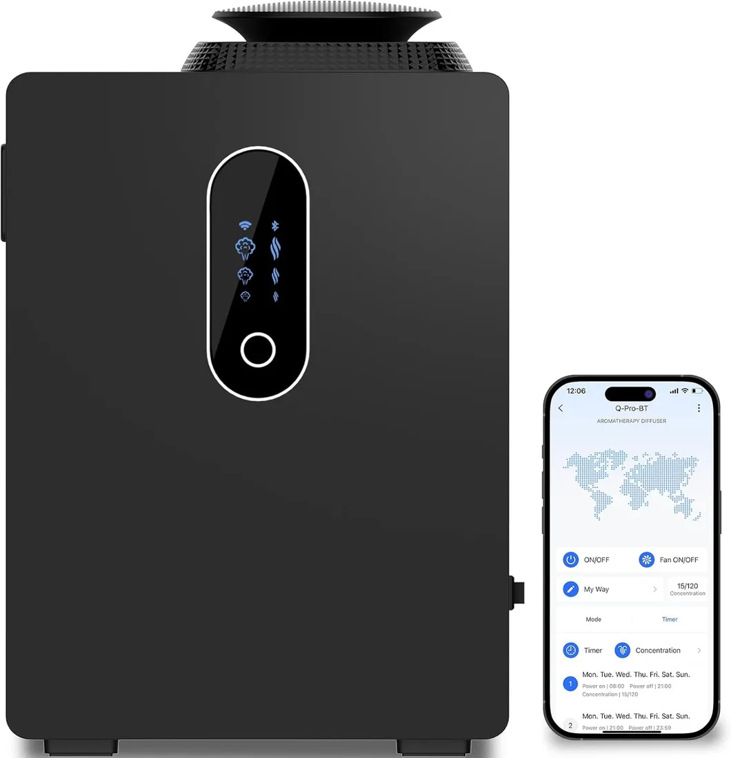 Black WiFi whole-home HVAC scent diffuser shown with its phone app